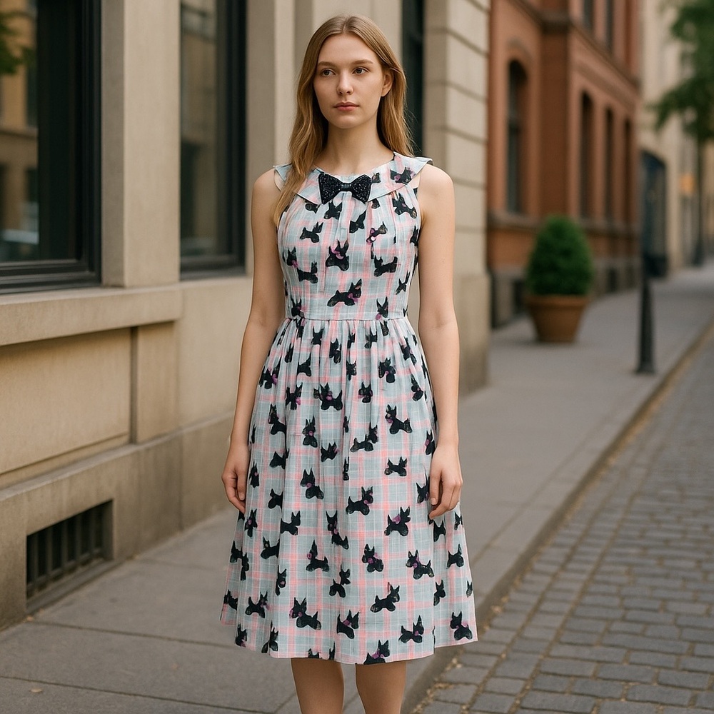 Hell bunny Plaid Dress with Bow Accent dog
